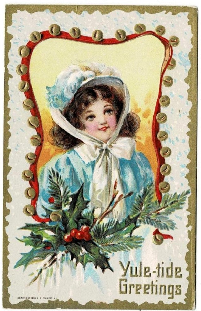 1909 Blue Bonnet Girl Christmas Greetings Vintage Holiday Postcard.