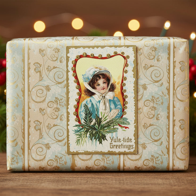 Decorative gift box with 1909 Blue Bonnet Girl Christmas Greetings Vintage Holiday Postcard, surrounded by festive lights and greenery.