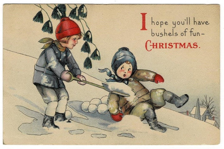 1921 Children Playing in Snow Vintage Christmas Postcard