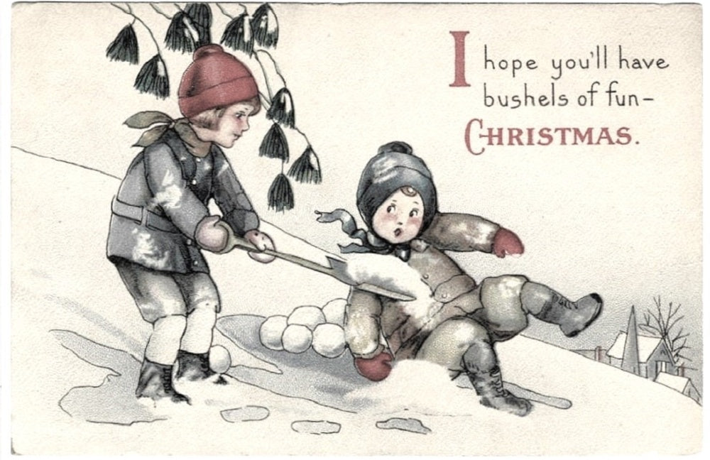 1921 Children Playing in Snow Christmas Vintage Postcard.