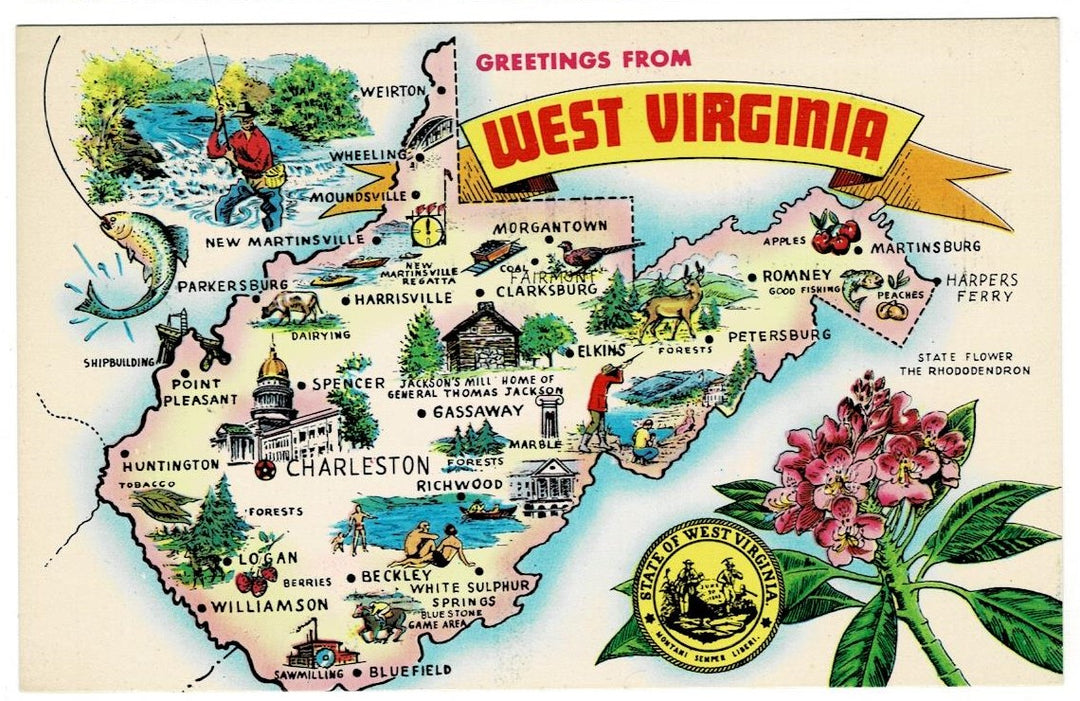 1970 West Virginia Silly Comic Map Vintage Postcard