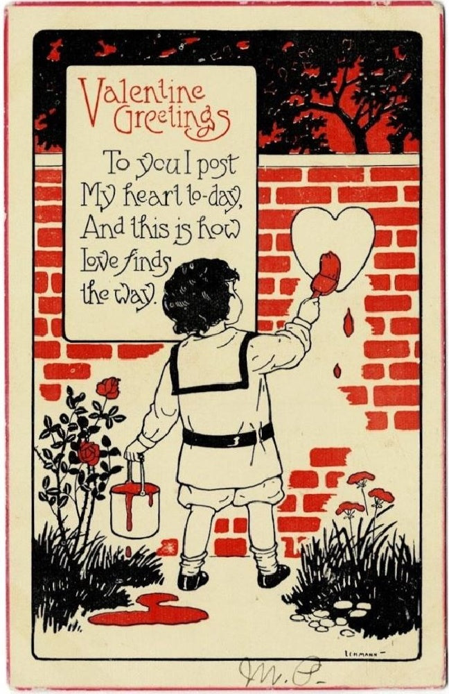 1919 WW1 Painted Hearts Vintage Valentine Postcard.