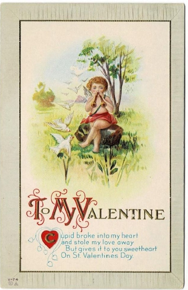 1917 Cupid Plays Horns White Doves Vintage Valentine's Day Postcard.