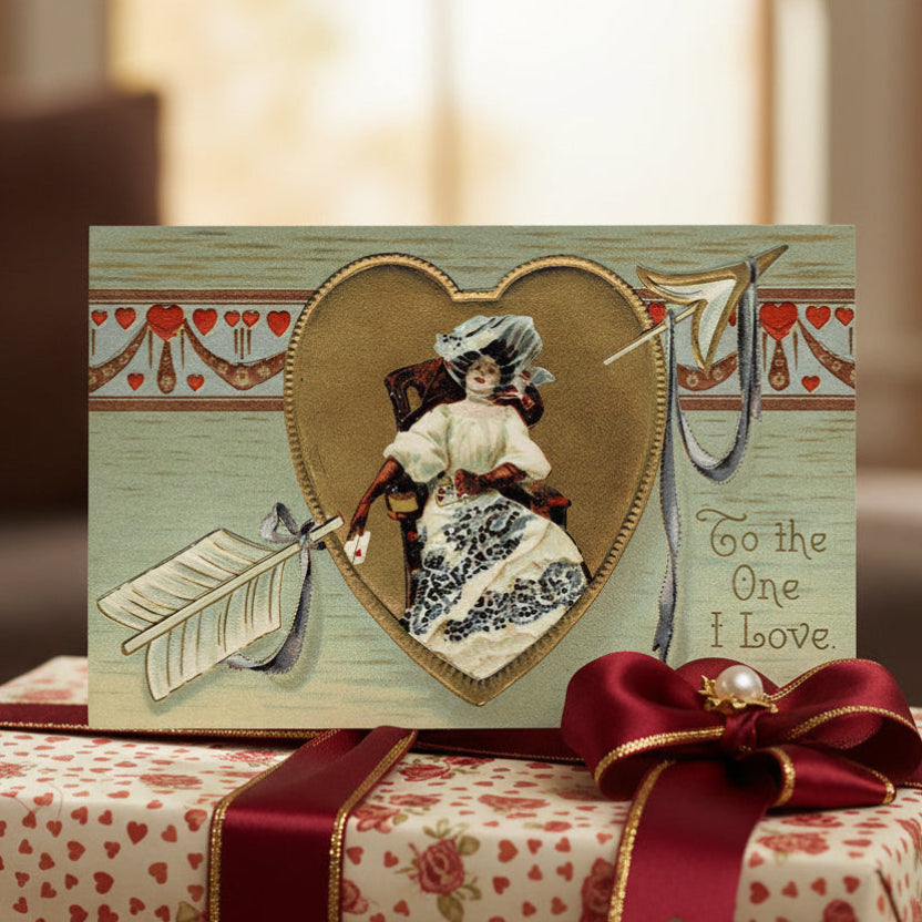 1909 To One I Love Richly Gilded Antique Vintage Valentine Postcard.