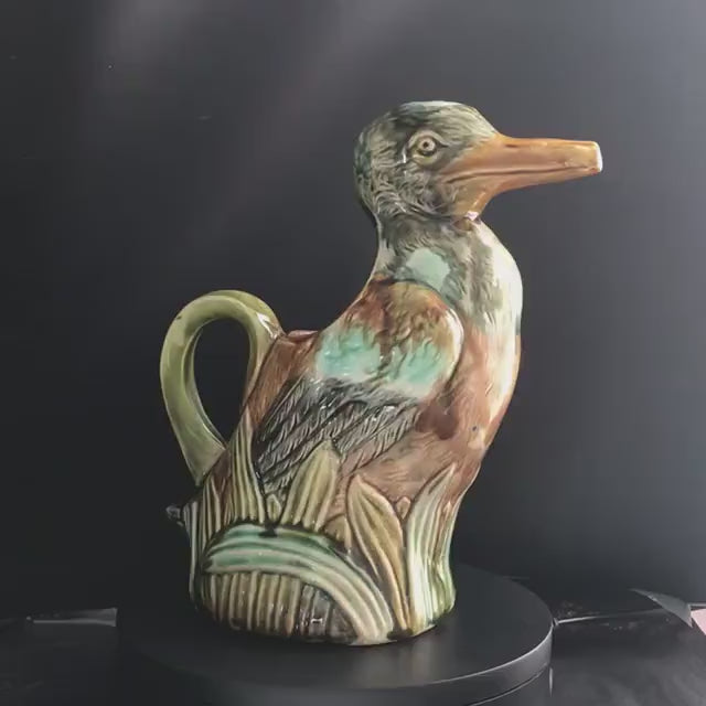 1910s Frie Onnaing Majolica Pitcher Canard dans les Roseaux Figural Duck in Reeds.