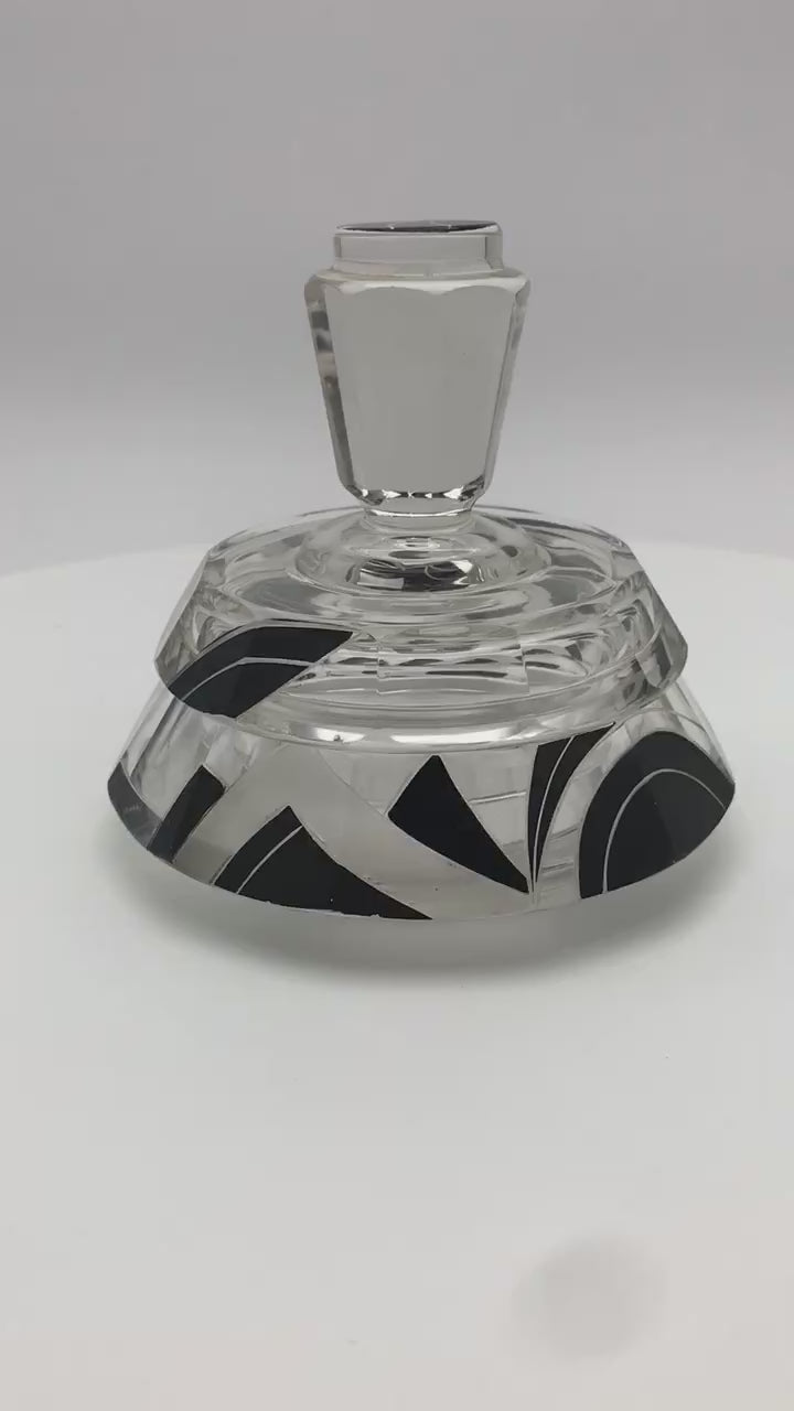 1930s Vintage Karl Palda Art Deco Vanity Powder Jar or Trinket Box on a rotating display.