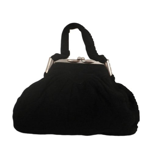 1930s Black Wool  Kiss Closure Art Deco Bag Purse Handbag
