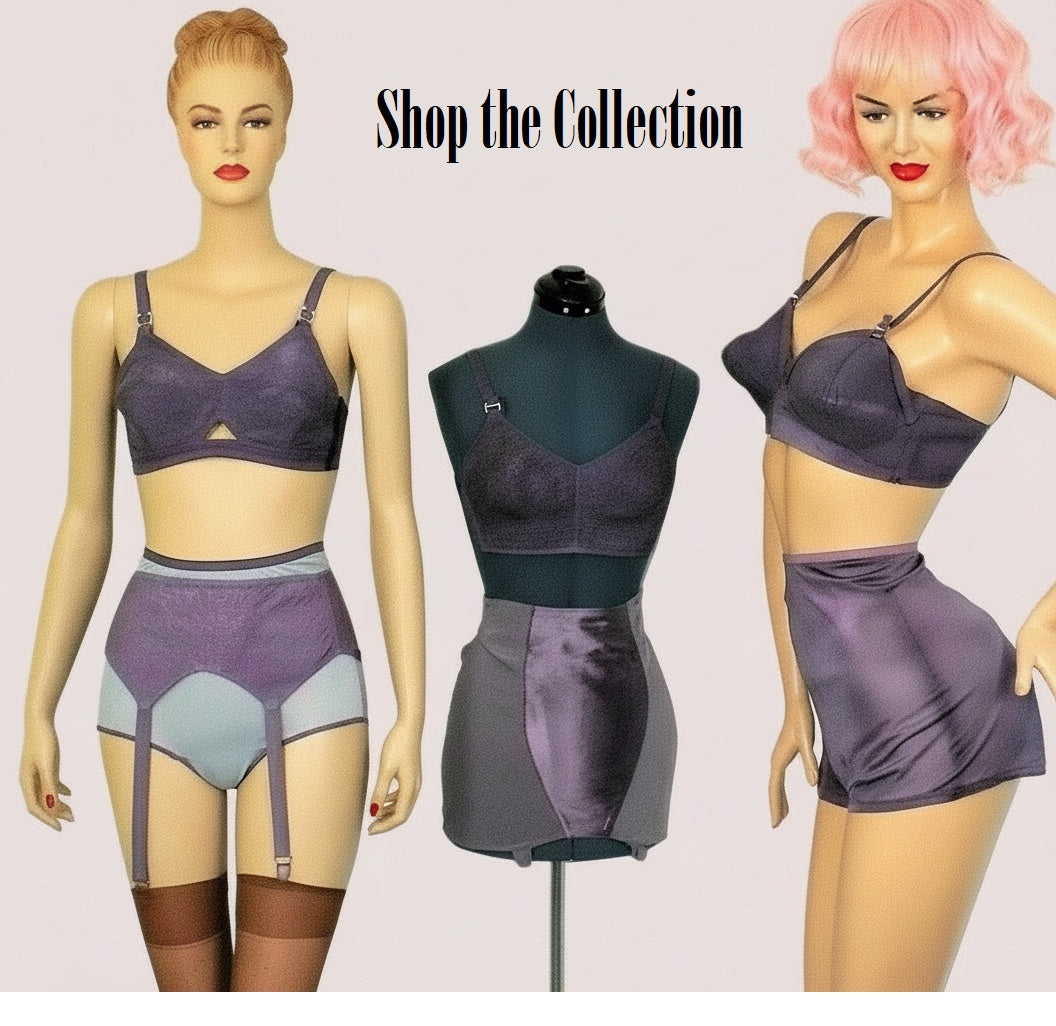 Mannequins wearing lingerie with a 'Shop the Collection' text on a plain background.
