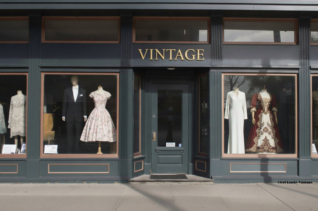 About Get Lucky Vintage store front with mannequins displaying clothing in the windows.
