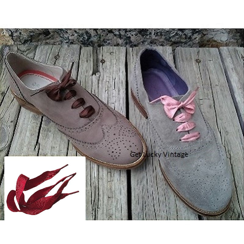 1920s Vintage Rayon Tea Rose Pink Wide Ribbon Dance Shoelaces on Brogues.