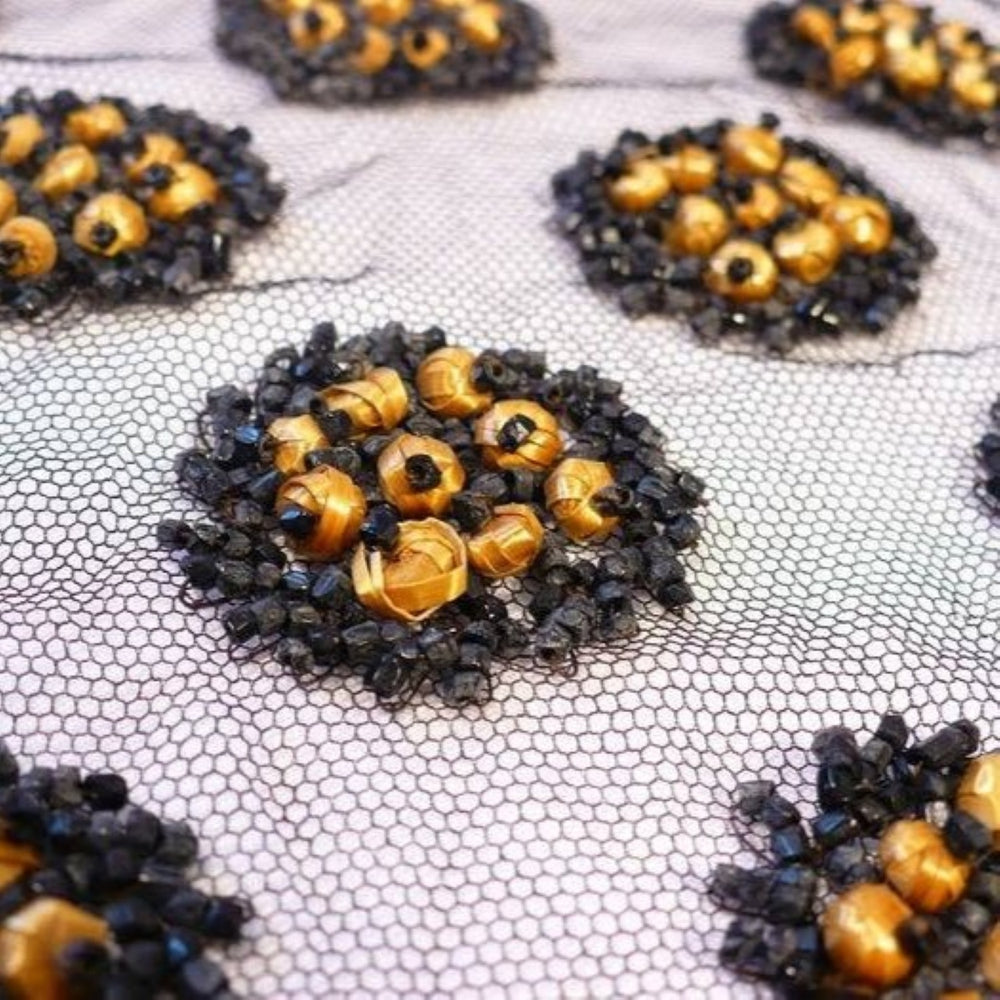 1860 Straw and Jet Mourning Textile Fragment close-up.
