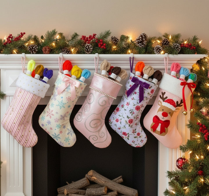 Decorative girl's Christmas stockings hanging on a fireplace mantel stuffed with vintage yarn hair ties as stocking stuffers.