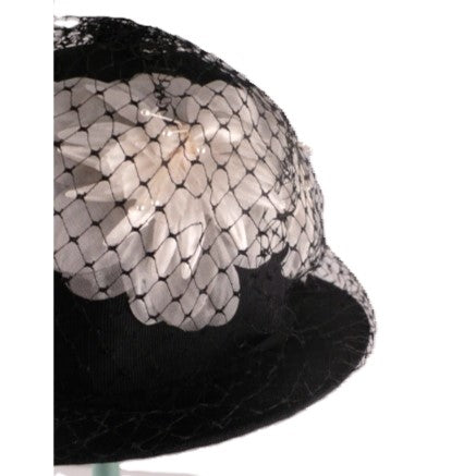 1950s Vintage Black Hat Wreathed with White Flowers