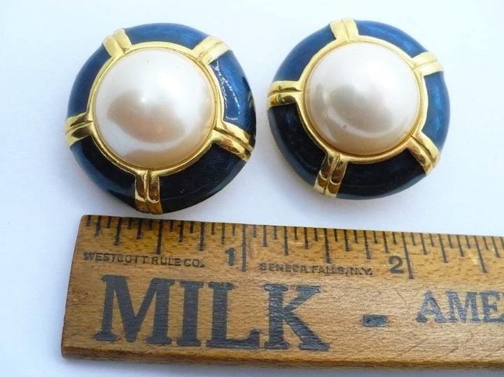 1980s Vintage Yacht Club Pearl Navy Blue Statement Earrings