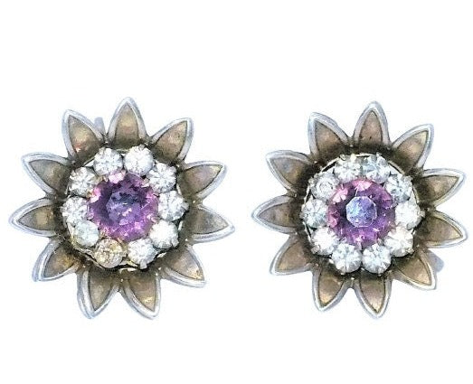 1940s Vintage Sterling Silver Amethyst Flower Earrings
