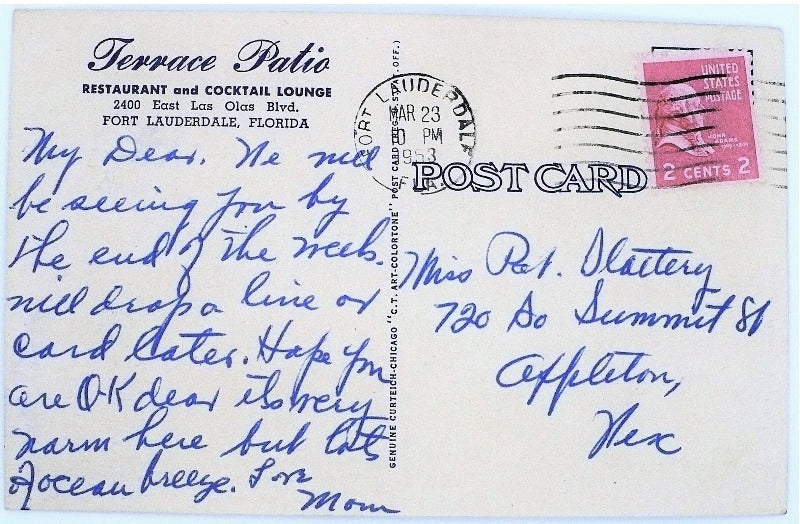 1953 Terrace Patio Restaurant Fort Lauderdale Florida Vintage Postcard