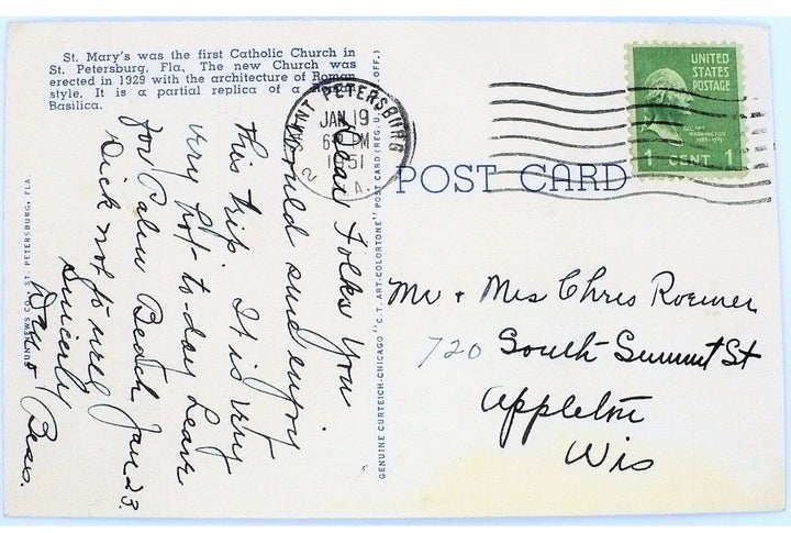 1951 St Mary's Church Saint Petersburg Florida Vintage Postcard