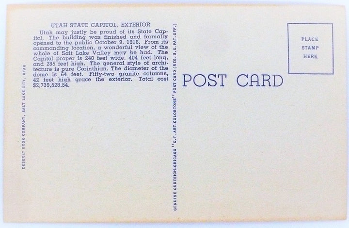 1939 Salt Lake City Utah State Capitol Vintage Postcard