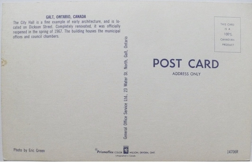 1968 Cambridge City Hall Galt Ontario Canada Vintage Postcard