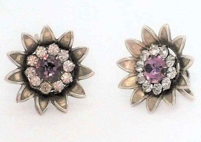 1940s Vintage Sterling Silver Amethyst Flower Earrings
